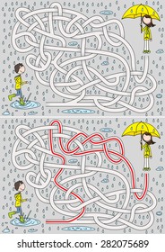 Rainy day maze for kids with a solution