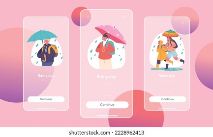 Rainy Day Mobile App Page Onboard Screen Template. Happy Kids with Umbrellas, Boys and Girls Characters Walking at Rainy Weather, Autumn or Spring Time Concept. Cartoon People Vector Illustration