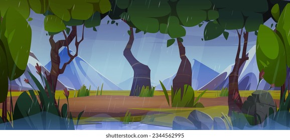 Rainy day in mountain forest. Vector cartoon illustration of old wood in valley, rainfall pouring from gloomy cloudy sky, water puddles in wet green grass. Natural landscape. Travel game background