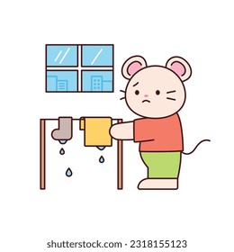 Día lluvioso. Un ratón que está triste porque la ropa no está seca. Ilustración simple de diseño plano con contornos.