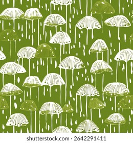 Rainy day pattern, white umbellar on a green background, simple lines, white ink. on linen fabric print pattern, cotton, silk, vector illustration, doodle summer, kids and baby designs for print.