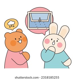 Rainy Day. The rabbit is worried when the bear tells the rain news. Simple illustration with outlines.