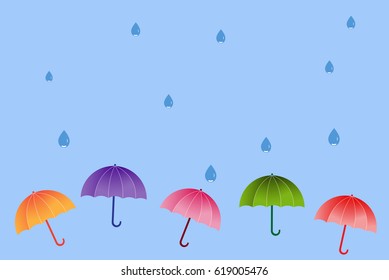 Rainy day with rain drop and may color umbrellas, blue background. Vector Illustration Background layout wallpaper. Cute.