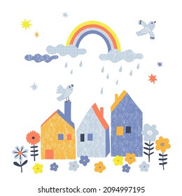 Rainy day with rainbow flying birds blooming flowers cute houses vector illustration isolated on white. Childish spring time weather poster for nursery. Boho baby tee print design for kids apparel.