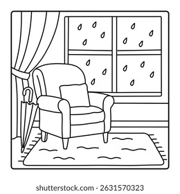 Rainy Day Room Coloring Page – Simple Black and White Line Art of a Cozy Interior Scene with Chair, Umbrella, and Window for Kids to Color