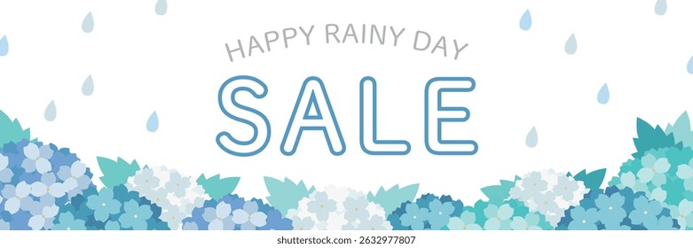 Banner de venda de dia chuvoso com Hydrangea e ilustração de fundo de gota de chuva