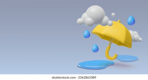 Seltene Tagesszene mit 3D-gelbem Regenschirm, nassen Pfützen, Wolken und Regentropfen. Monsun Saison Pferdezucht kreatives Design mit Kopienraum für Banner, Verkäufe und Promotionen. 3D-Illustration