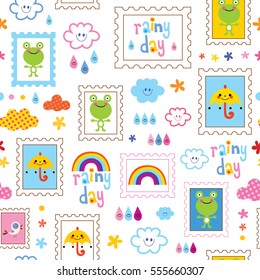 rainy day seamless pattern with cute frogs