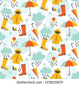 Rainy day seamless pattern design with rain coats, umbrellas, clouds, water drops, and other elements