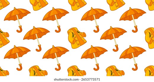 Rainy Day Seamless Pattern Design. Bright yellow raincoats and orange umbrellas arranged on a clean background in cheerful cartoon style. Inspired by rainy weather, seasonal mood, and outdoor fashion.