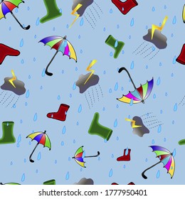Rainy day seamless pattern with umbrellas, clouds and funny boots.