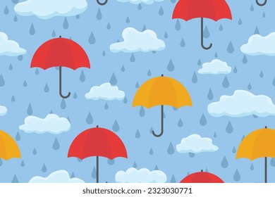 rainy day seamless pattern with umbrellas, clouds and water drops icons- vector illustration