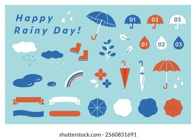 
Rainy day and rainy season illustration and frame set.
Illustrations and icons of umbrellas, design decorations, and rain goods that can be used for scenes when the weather is rainy.