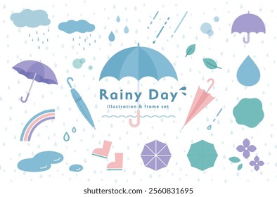 
Rainy day and rainy season illustration and frame set.
Illustrations and icons of umbrellas, design decorations, and rain goods that can be used for scenes when the weather is rainy.