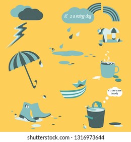Rainy day set of elements of blue-green, blue, dark blue and white on yellow background. Spring vector illustration.