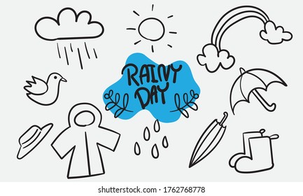 El Día de las Lluvias. Conjunto de dibujado a mano, Vector, ilustración, estilo doodle.