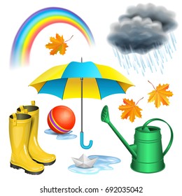 Rainy day set. Umbrella, boots, rainbow, clouds with raindrops, paper boat in puddle, green watering can, children red ball, maple leaves. Autumn rain, childhood concept. Vector illustration