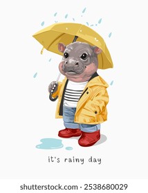 Eslogan del día lluvioso con el hipopótamo lindo en el abrigo de la lluvia que sostiene la Ilustración vectorial del paraguas