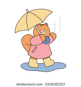Regentag. Ein Eichhörnchen in einem Regenmantel läuft mit einem Regenschirm. Einfache Illustration mit Umrissen.