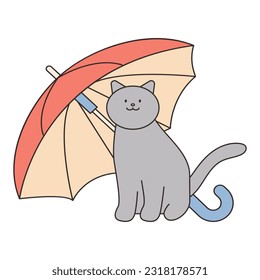 Regentag. Eine streunende Katze sitzt unter einem Regenschirm. Einfache Illustration mit Umrissen.