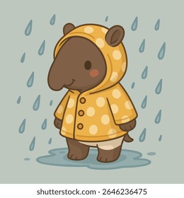 Rainy Day Tapir, Esta adorável anta, com seu sorriso encantador e bochechas rosadas, permanece confiante em uma chuva. A ilustração usa tons pastel suaves, uma estética deliciosa.