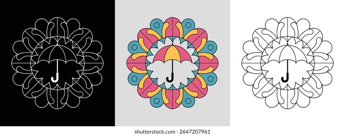 Mandala de guarda-chuva de dia chuvoso com gotas de chuva brilhantes e acentos de arco-íris para uma decoração alegre.