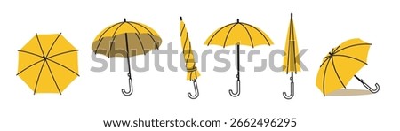Rainy Day Umbrella set various angles. Folded, Top, Side, Open, Closed view