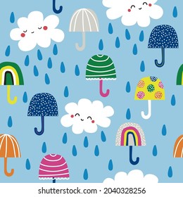 Rainy day and umbrellas seamless pattern. Kids cute print. Vector hand drawn illustration.