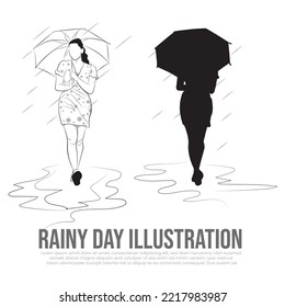 Dibujo vectorial de días lluviosos, ilustración de una chica que camina, arte de línea y silueta de una niña