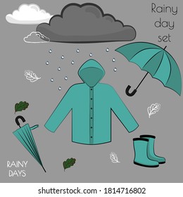 Ilustración plana vectorial de día lluvioso con impermeable, botas de lluvia y paraguas en diferentes posiciones en colores azules coincidentes. 