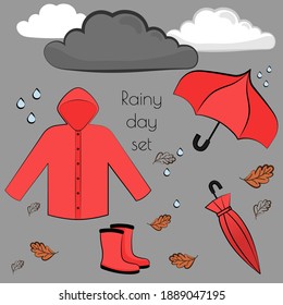 Rainy day vector flat illustration set with raincoat, rainboots and umbrellas in different positions in matchingred colours. Include also dseasonal element like clouds in different styles