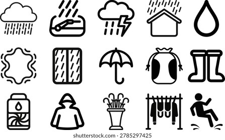Rainy day weather line icon set with umbrella, rain cloud, raindrop, raincoat, rain boots, puddle, storm, wiper, dehumidifier and waterproof items.