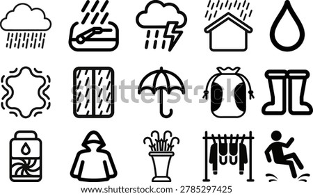 Rainy day weather line icon set with umbrella, rain cloud, raindrop, raincoat, rain boots, puddle, storm, wiper, dehumidifier and waterproof items.
