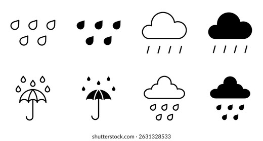 Dia chuvoso, tempo, conjunto de ícones de chuva