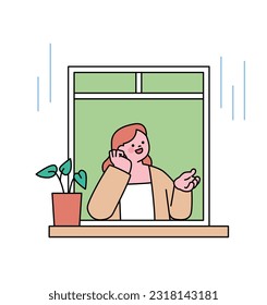 Rainy day. A woman is admiring the rain with one hand out the window. Simple flat design style illustration with outlines.