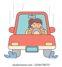 Rainy Day. A woman is having difficulty driving on a rainy day. Simple illustration with outlines.