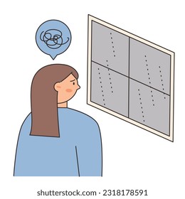 Rainy Day. A woman is looking out the window in the rain. Simple illustration with outlines.