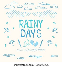 Rainy days hand drawn icon outline set. Doodle vector illustration with hand drawn lettering. Design for card, poster, advertisement.