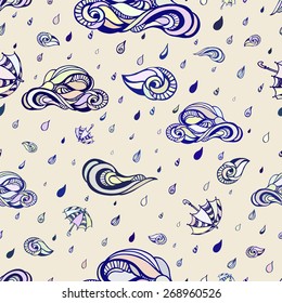 Rainy decorative background. Ornate pattern with clouds, umbrellas and drops of rain.