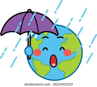 Rainy Earth Cartoon Character with Umbrella – Cute Weather Vector Illustration