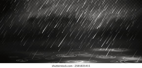 Rainy effect background with diagonal white streaks on dark surface. Dynamic pattern of falling drops creating circular ripples on water puddle. Realistic natural backdrop for wet weather design.