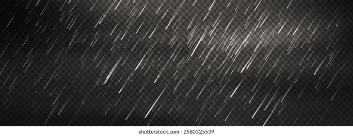 Rainy effect overlay with diagonal white streaks on dark transparent background. Dynamic pattern of falling drops for wet weather simulation. Stormy raindrops texture for autumn season design.