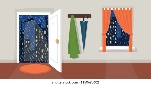 Rainy evening city view. Open door, window, coat wrack, umbrella, curtains, room, street light, drops, night sky. Autumn day. Flat cartoon style. Eps 10 vector illustration.