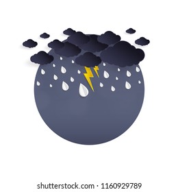 Rainy fall and clouds of thunder strom background. Paper art style. Vector illustration