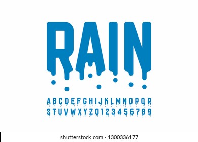 Rainy font design, modern alphabet letters and numbers vector illustration