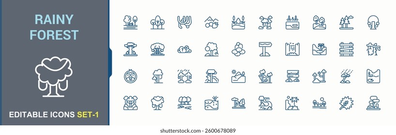 Rainy Forest simple icon set. Includes symbols for forest, botanical, green, wild, nature, jungle and more. Rainforests icon collection. Icons for website. Editable vector.