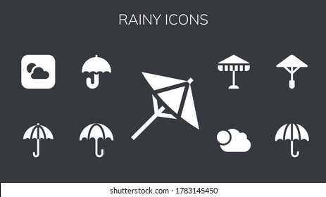 regnerische Ikone gesetzt. 9 gefüllte regnerische Symbole. Einschließlich Regenschirm, Wetter, Bewölkung