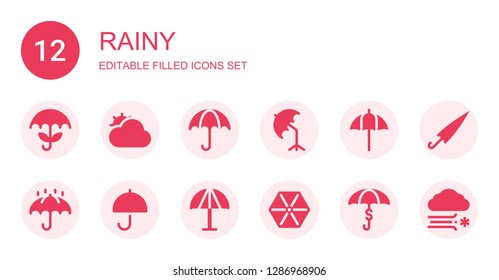 rainy icon set. Collection of 12 filled rainy icons included Umbrella, Cloudy, Blizzard