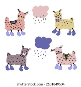Rainy lamas in boots doodle collection. Perfect for poster, stickers and print. Hand drawn vector illustration for decor and design. 
