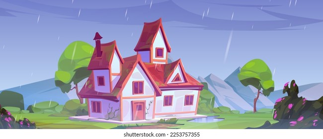 Rainy landscape, country house surrounded by beautiful mountain. Vector cartoon illustration of old cottage with red roof, summer garden with green grass, trees and blooming bushes under rain drops